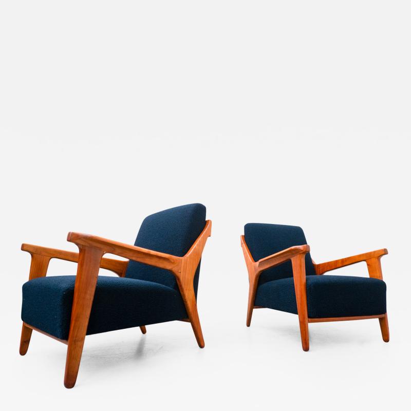 Melchiorre Bega Pair of Blue Armchairs attributed to Melchiorre Bega Cherry Wood Italy