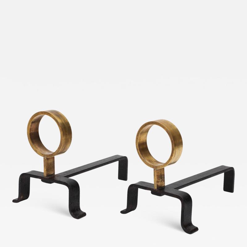 Melchiorre Bega Rare Pair of Wrought Iron and Brass Andirons