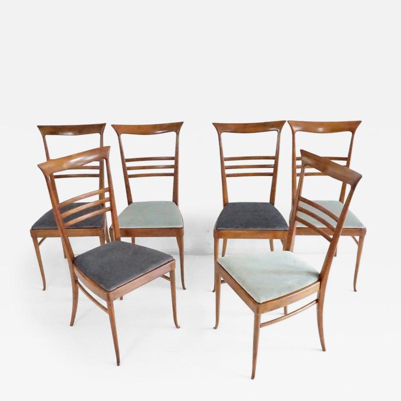 Melchiorre Bega fine set of 6 Melchiorre Bega walnut and velvet high back dining chairs 1950
