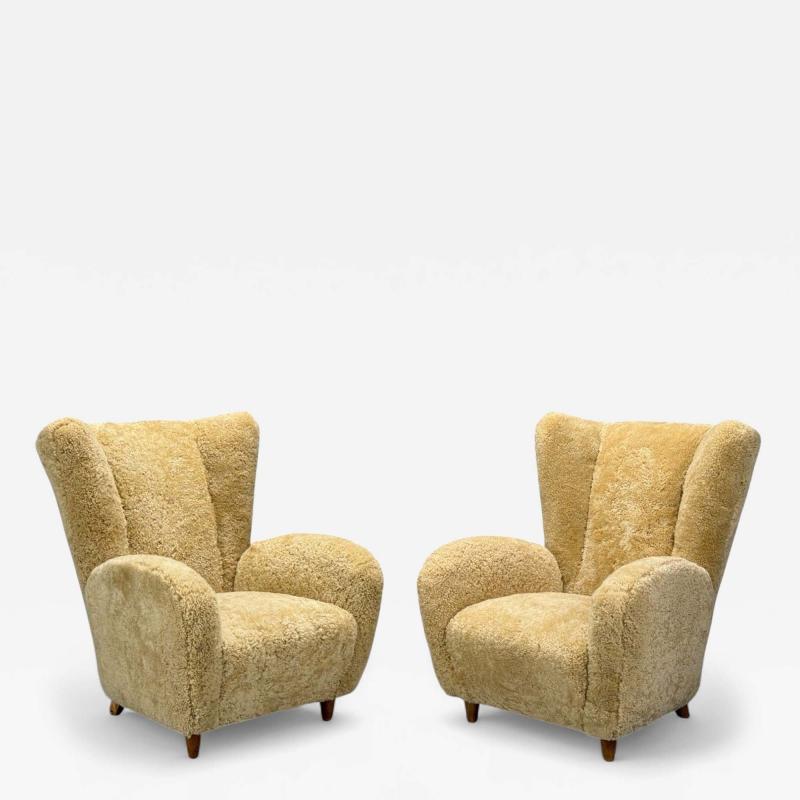 Meroni Fossati Beige Shearling Stained Wood Lounge Chairs Italy 1950s