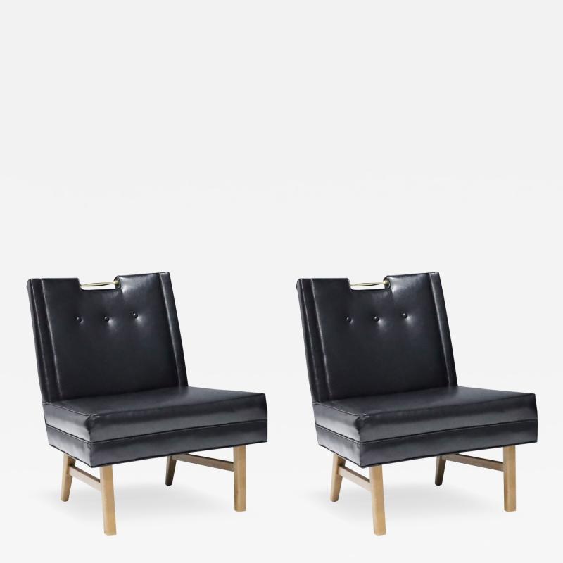 Merton Gershun Merton Gershun Slipper Chairs in Faux Black Leather with Brass Pulls