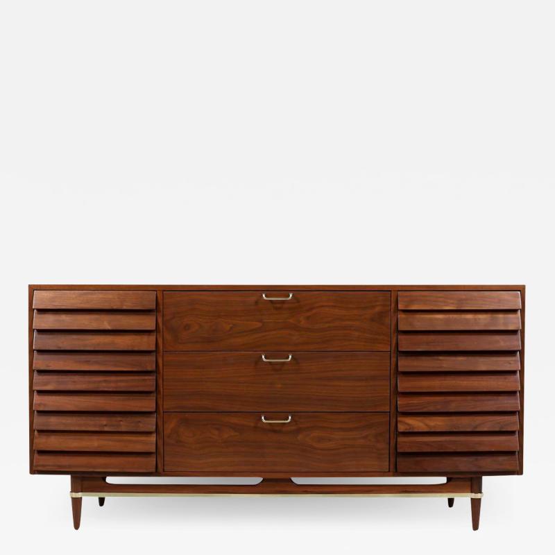 Merton Gershun Merton Gershun Walnut Dresser with Brass Accents for American of Martinsville