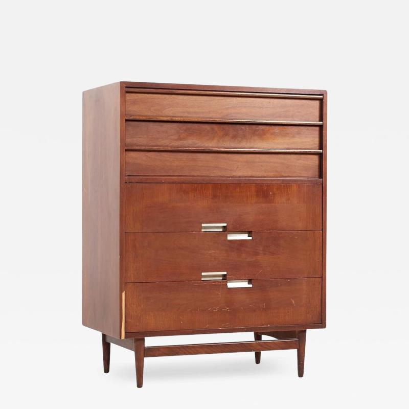 Merton Gershun Merton Gershun for American of Martinsville Walnut and Brass 5 Drawer Highboy