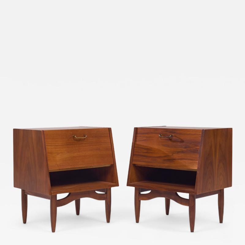 Merton Gershun Merton Gershun for American of Martinsville Walnut and Brass Nightstands Pair