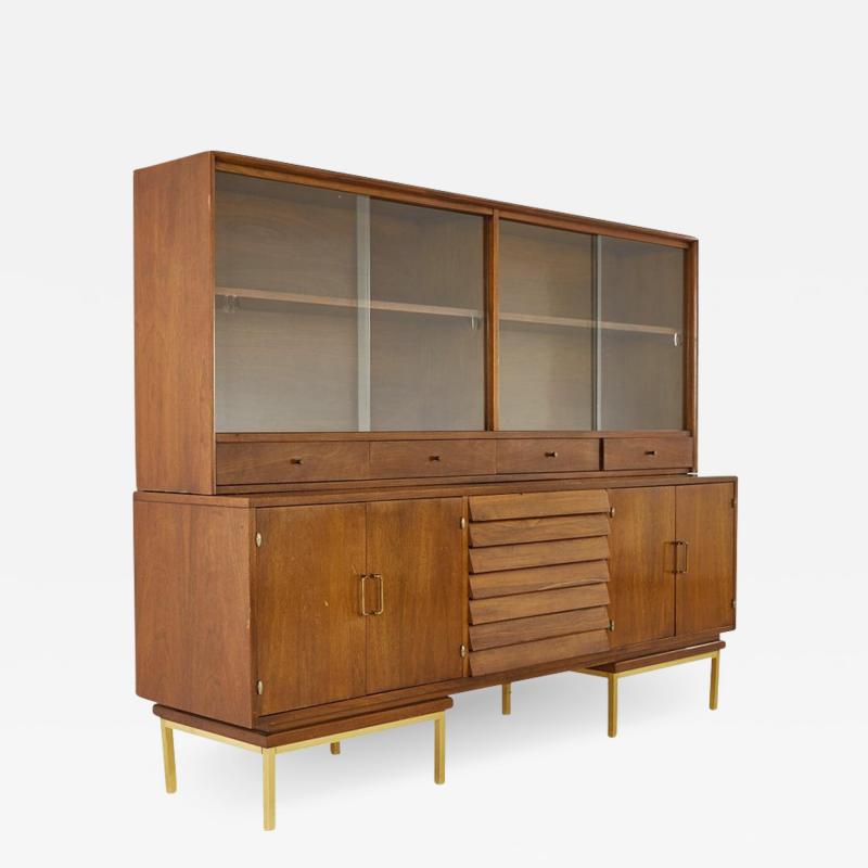 Merton Gershun Mid Century Large Walnut and Brass Credenza Buffet with Hutch