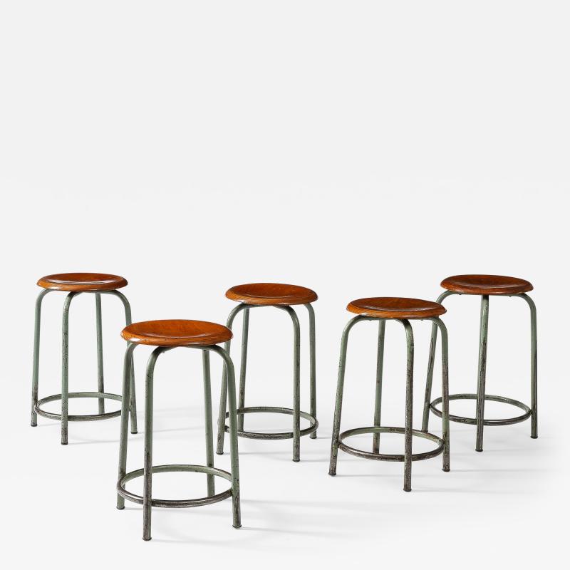 Metal and Wood French Factory Barstools France c 1950s