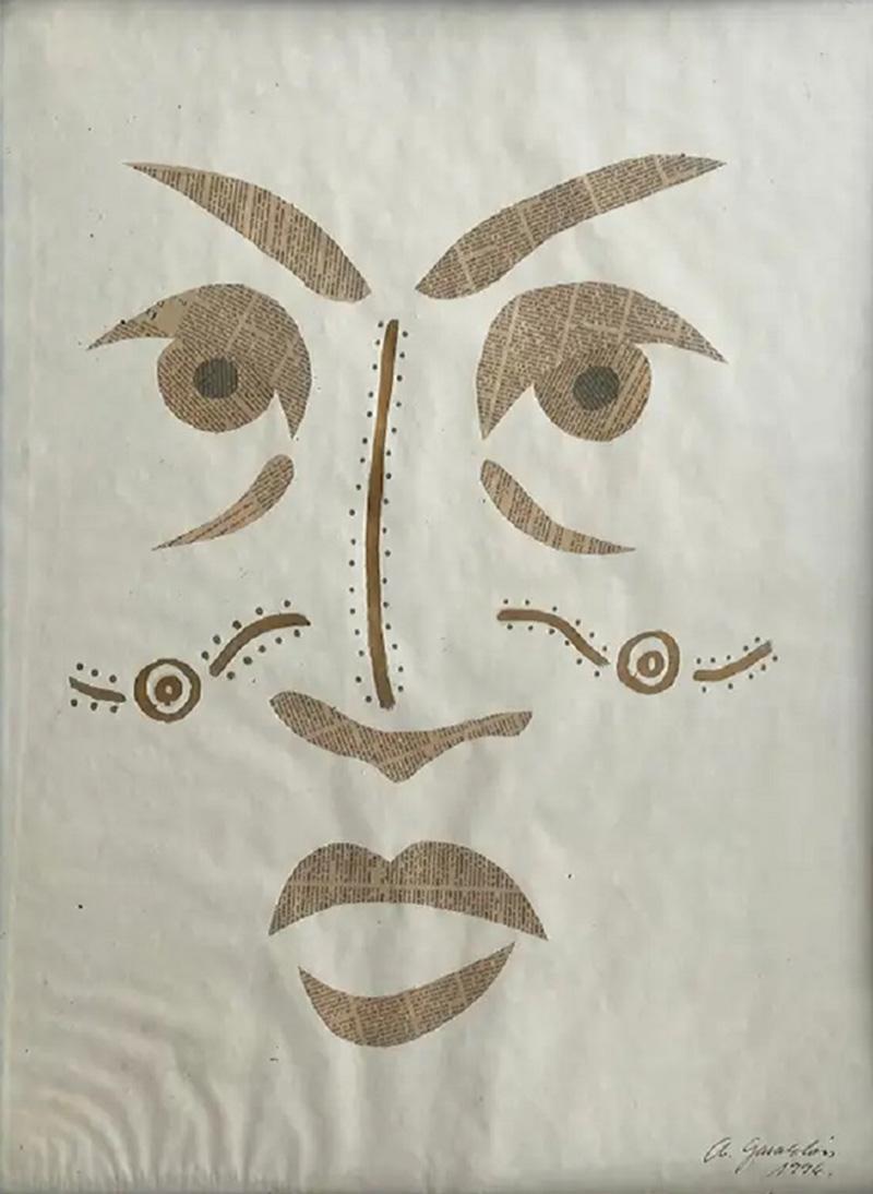 Mexican Newsprint Collage Artist Signed and Dated 1996 Titled Hombre de Letras 