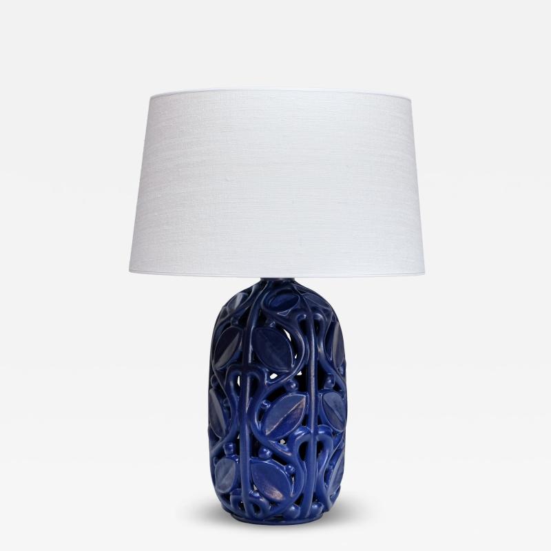 Michael Andersen Son Michael Andersen Blue Ceramic Table Lamp with Botanical Openwork Relief 1940s