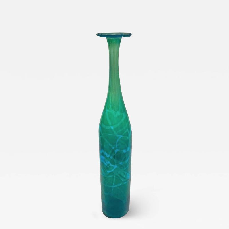 Michael Harris BLUE AND GREEN MDINA TALL GLASS BOTTLE FORM VASE BY MICHAEL HARRIS