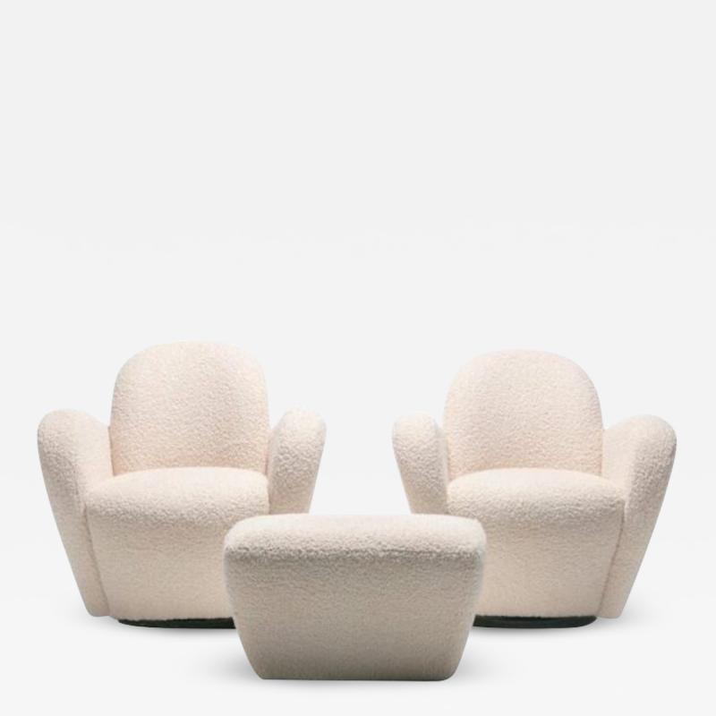 Michael Wolk Pair of Michael Wolk Swivel Lounge Chairs in Ivory Boucl with En Suite Ottoman