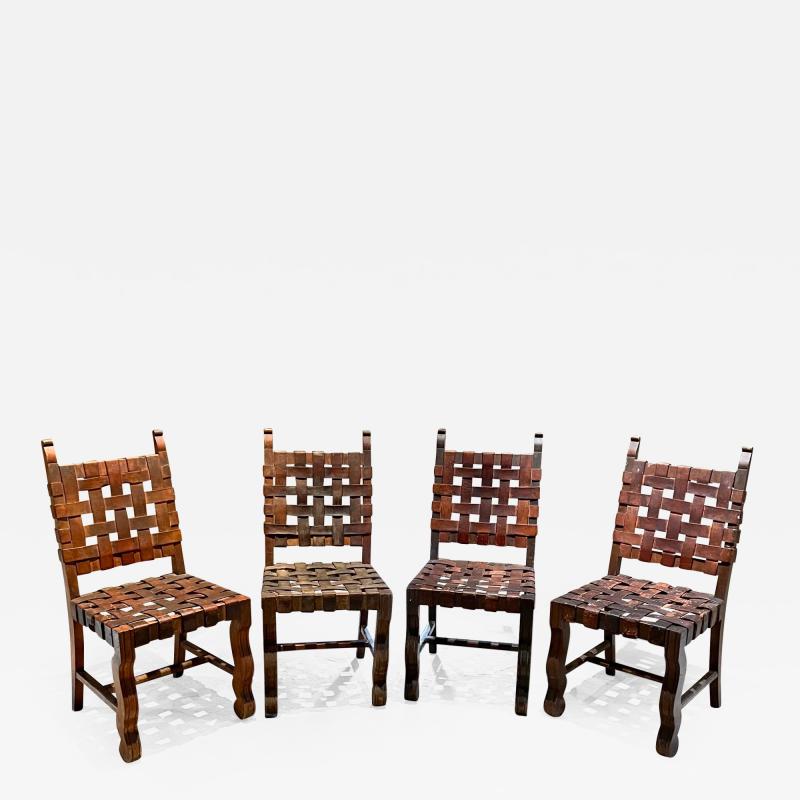 Michael van Beuren Hermanos Soto 4 Woven Saddle Leather Strap Chairs Rustic Mahogany Mexico 1950s