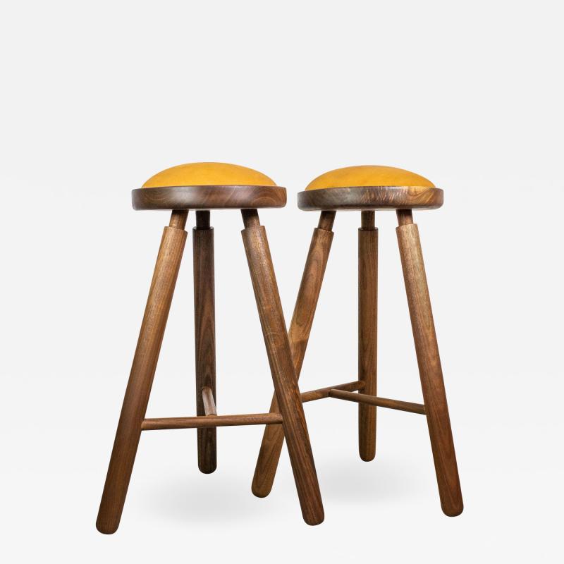 Micheal Rozell Pair of Michael Rozell Studio Bar Stools Figured Walnut and Leather