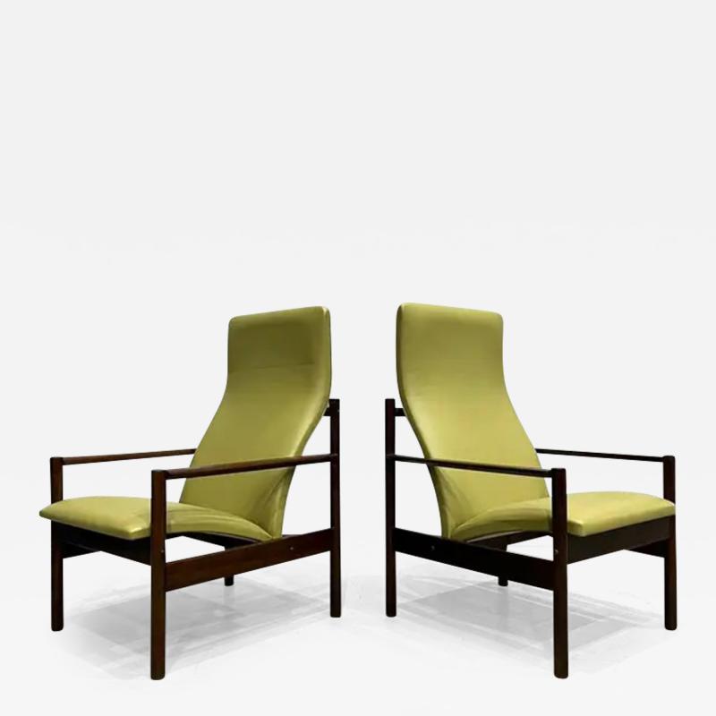 Michel Arnoult Mid Century Modern Armchairs in Hardwood and Leather Michel Arnault c 1960s