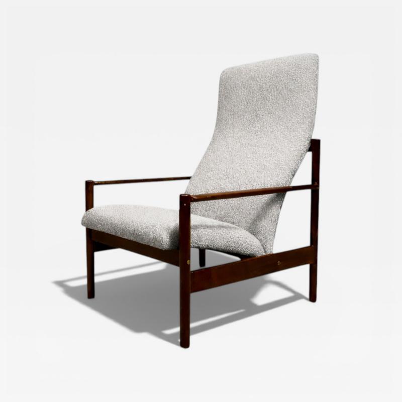 Michel Arnoult Tall Armchair in Imbuia Wood Grey Bocule Michel Arnoult 1960s Lot 154A