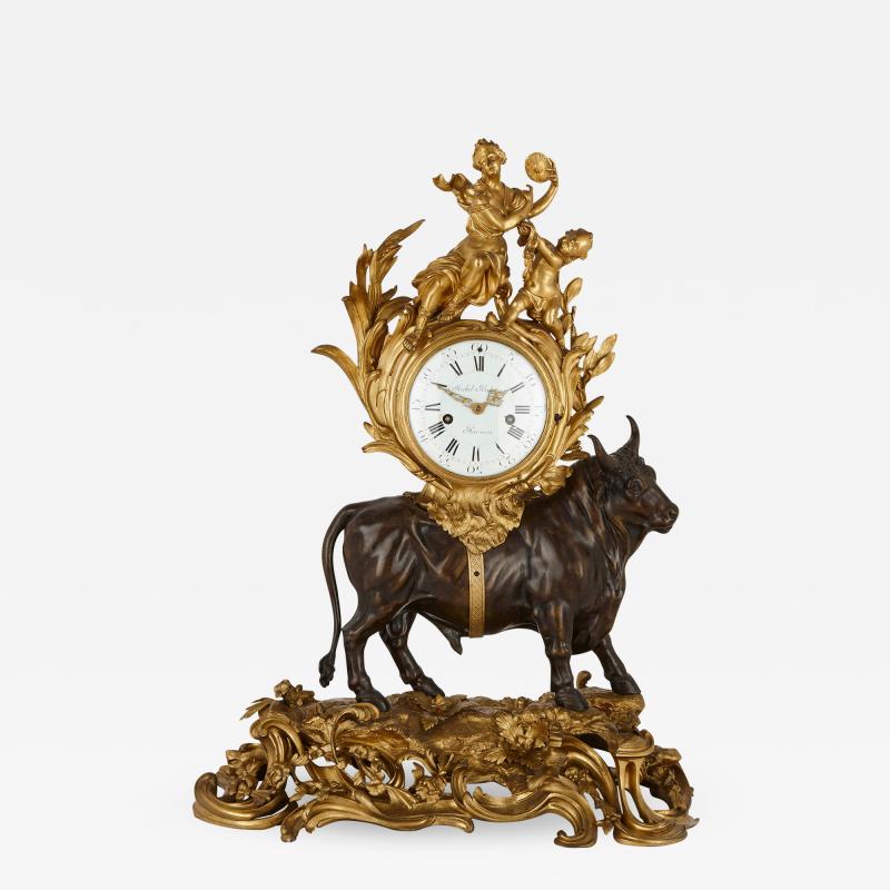 Michel Balthazar Louis XV style gilt and patinated bronze mantel clock by Balthazar