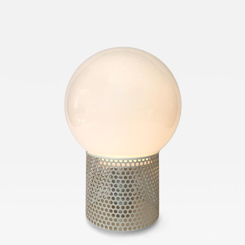 Michel Boyer MICHEL BOYER PERFORATED WHITE LACQUER MODEL 10524 OPALINE GLASS TABLE LAMP 1972