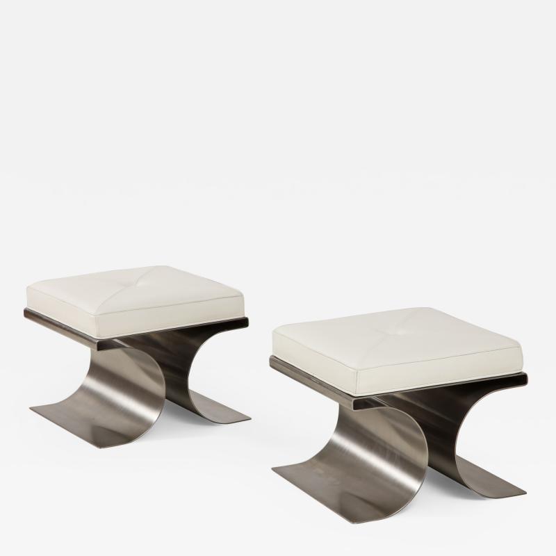 Michel Boyer Pair of X Stainless Steel and White Leather Stools