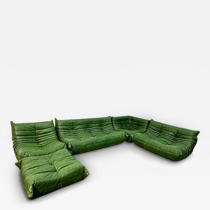 Michel Ducaroy 5 Piece Togo Sofa in Emerald Green Leather by Michel Ducaroy for Ligne Roset