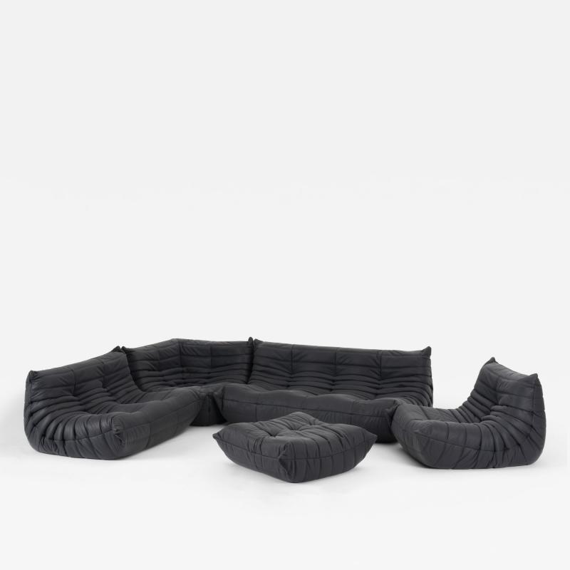 Michel Ducaroy Restored Ligne Roset Togo 5 Piece Sectional Set in Monolith Black Leather