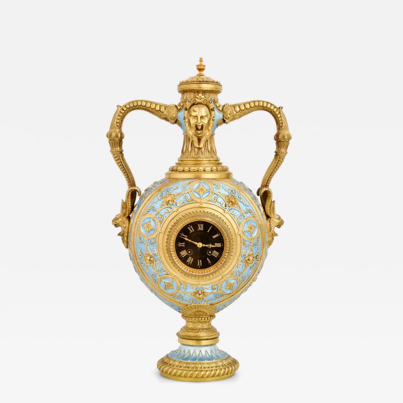 Mid 19th Century Antique French Gilt Bronze and Enamel Porcelain Urn Form Clock