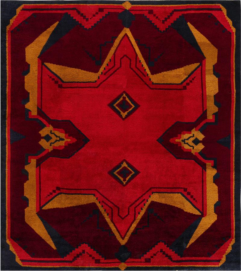 Mid 20th Century Art Deco Design Black Brown Gold Orange Handmade Wool Rug