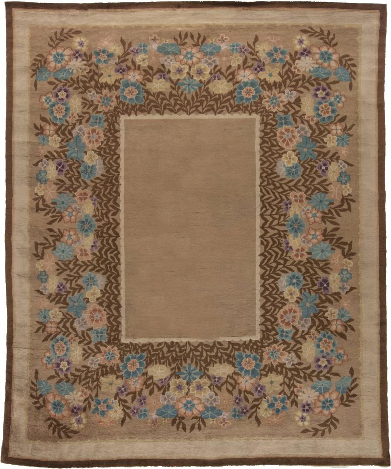 Mid 20th Century Art Deco Floral Chinese Beige Brown Blue Purple Wool Rug