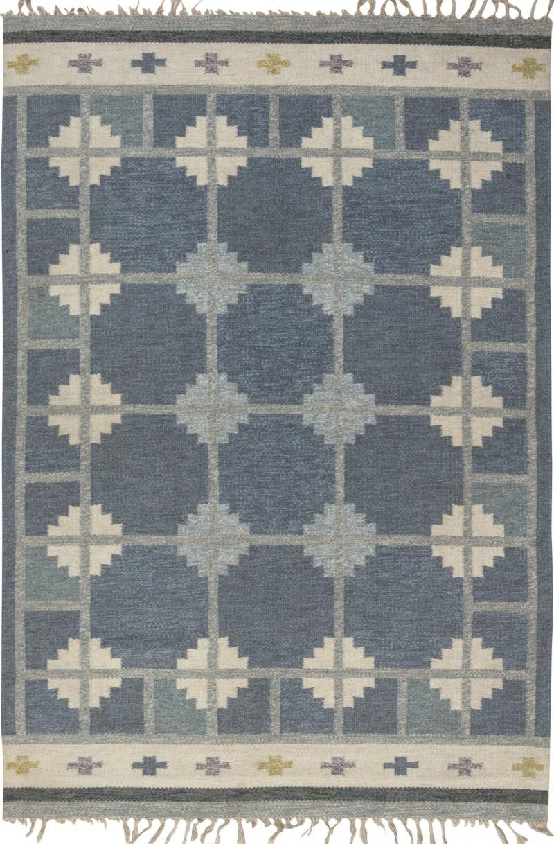 Mid 20th Century Blue Gray Ivory Swedish Snowflake Rug by Ingegerd Silow