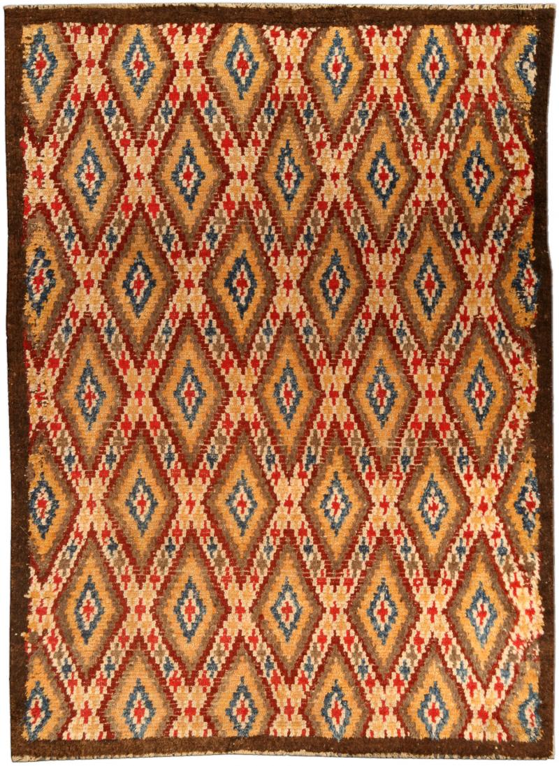 Mid 20th Century Bold Moroccan Red Blue Tan Yellow Cream Handmade Wool Rug