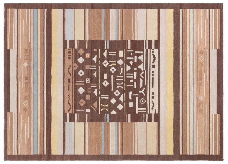 Mid 20th Century Finnish Geometric Brown Beige and Yellow Wool Rug