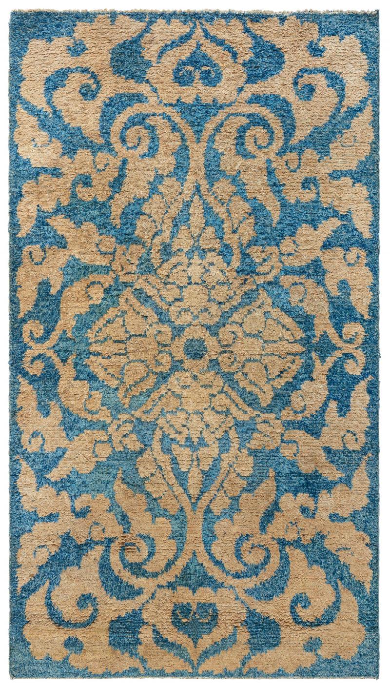 Mid 20th Century Floral Blue and Yellow Chinese Handmade Wool Rug