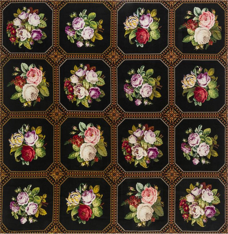 Mid 20th Century Floral Needlework Black Green Pink Purple Yellow Rug