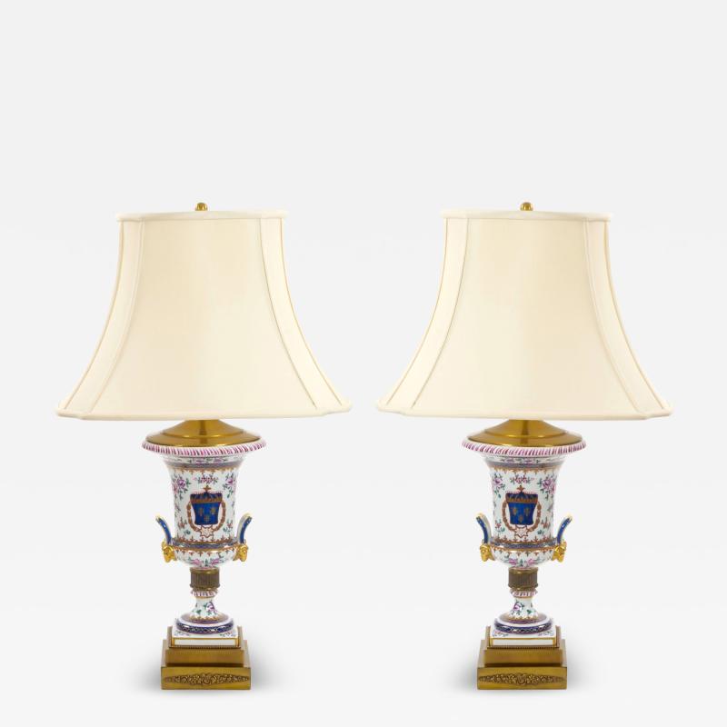 Mid 20th Century French Porcelain Urn Shaped Table Lamps Gilt Gold Accents