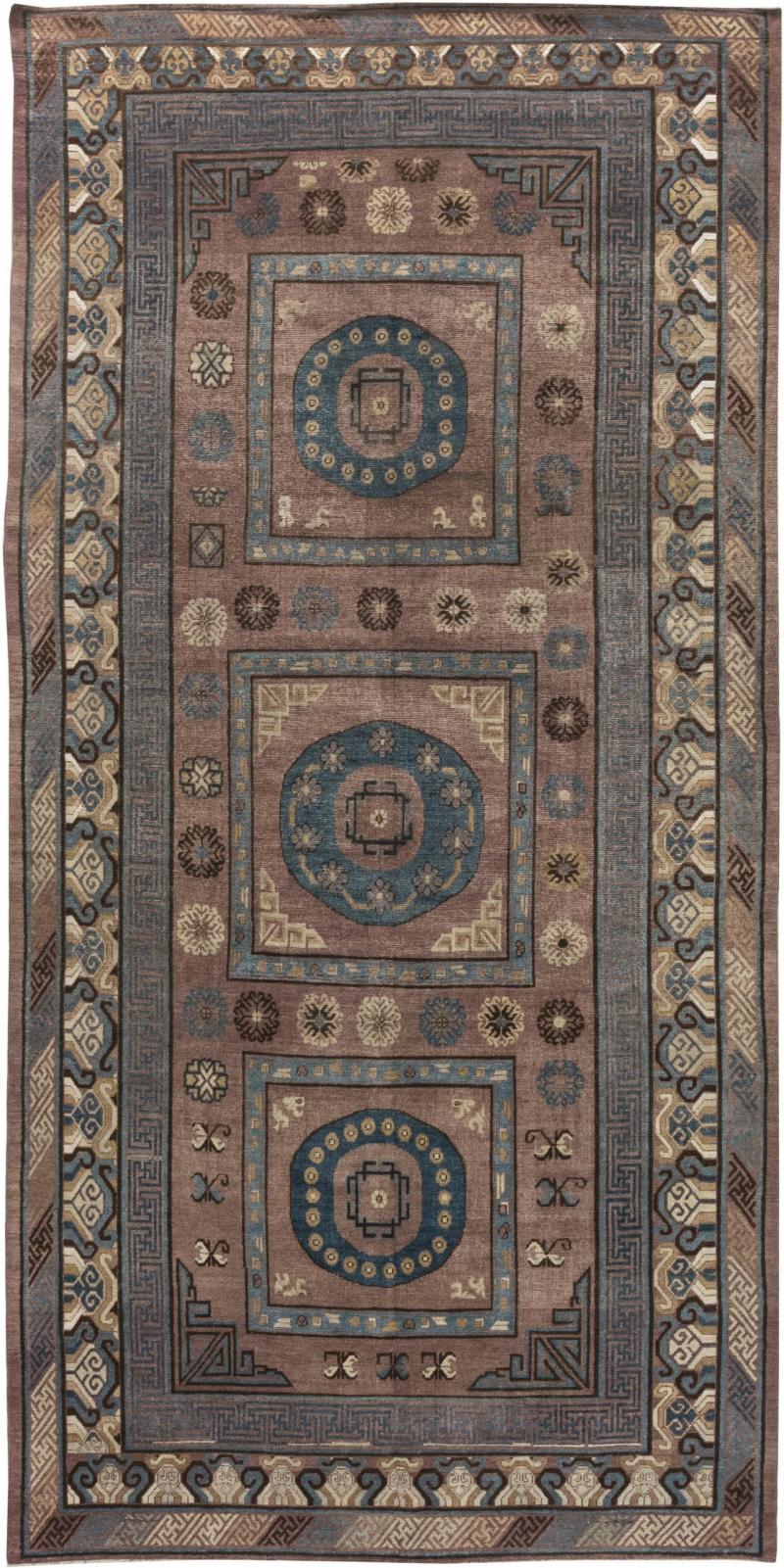 Mid 20th Century Geometric Brown Blue Samarkand Hand Knotted Wool Rug