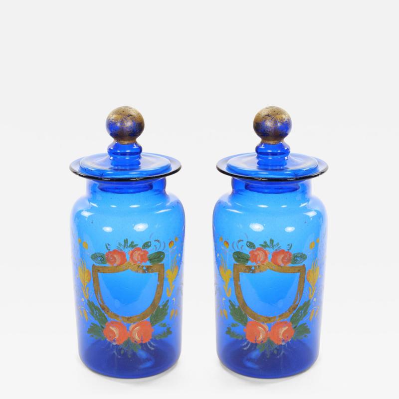 Mid 20th Century Italian Gilt and Hand Painted Cobalt Blue Glass Apothecary Jars