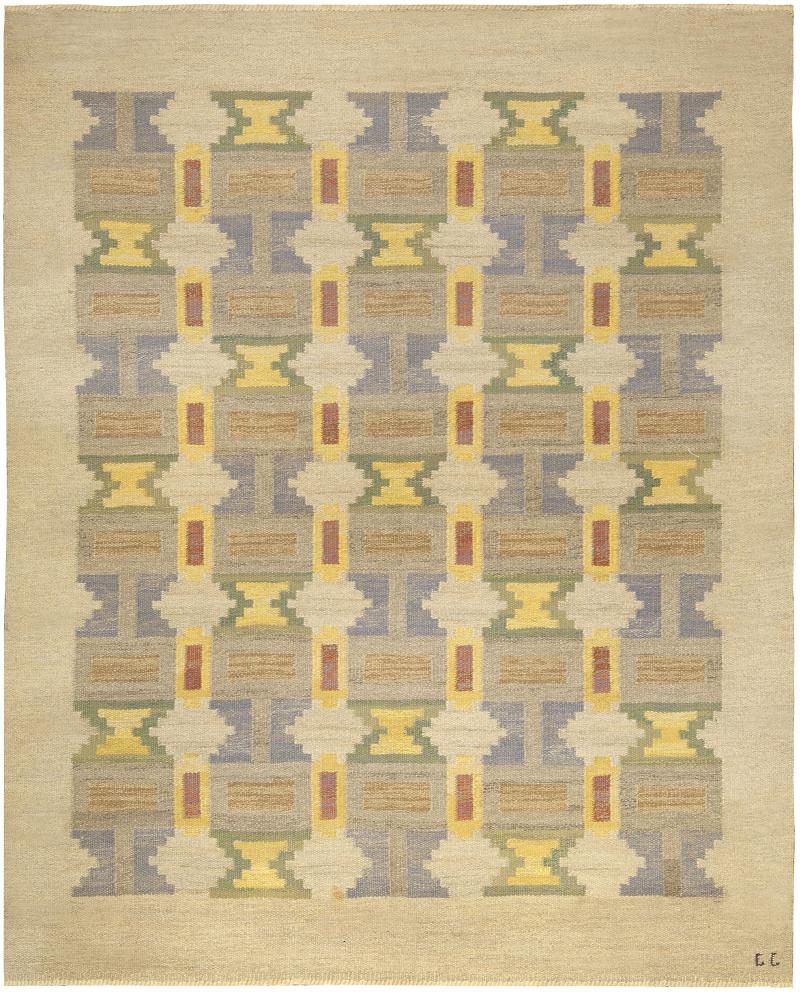 Mid 20th Century Judith Johansson Soldis Swedish Beige Blue Yellow Wool Rug
