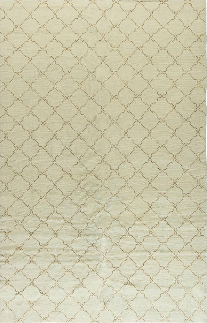 Mid 20th Century Moroccan Ivory and Brown Handmade Wool Rug
