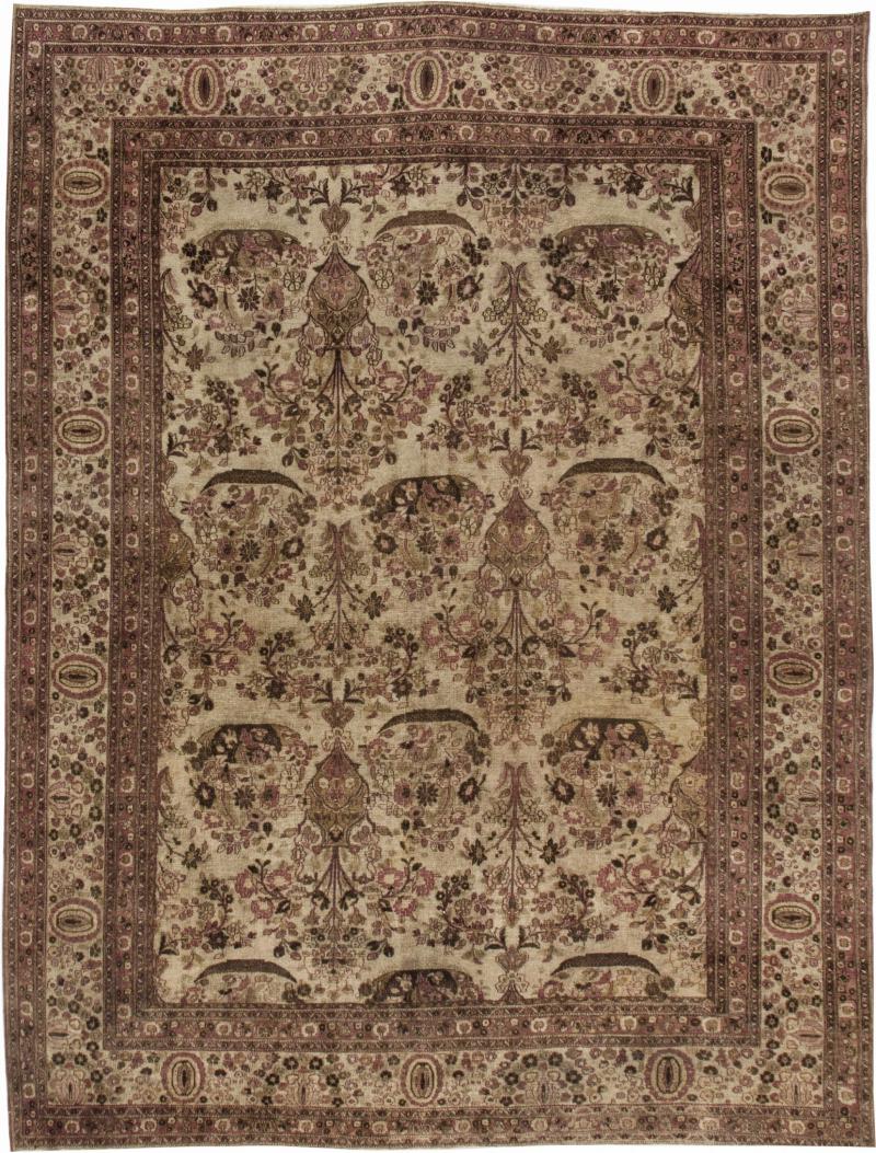 Mid 20th Century Persian Tabriz Beige Purple Handwoven Wool Rug