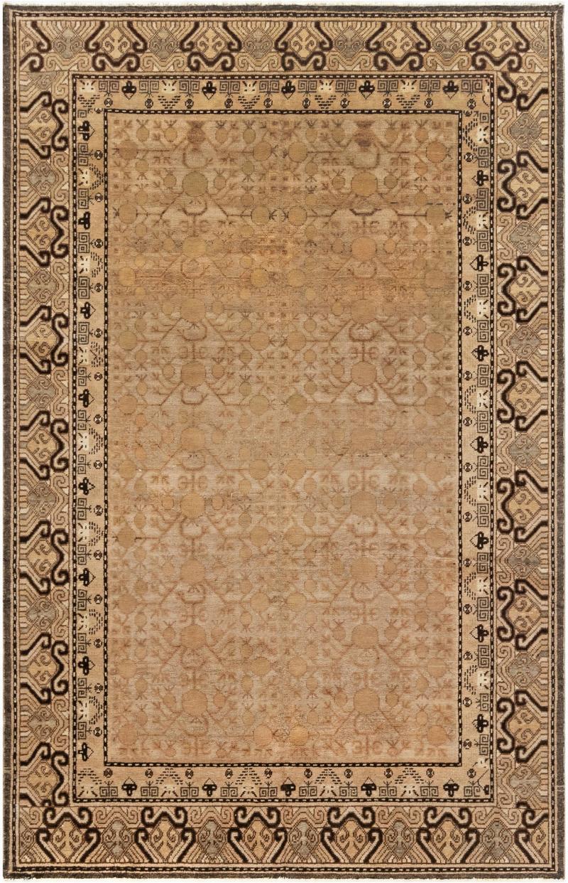 Mid 20th Century Samarkand Beige Brown and Black Handwoven Wool Rug