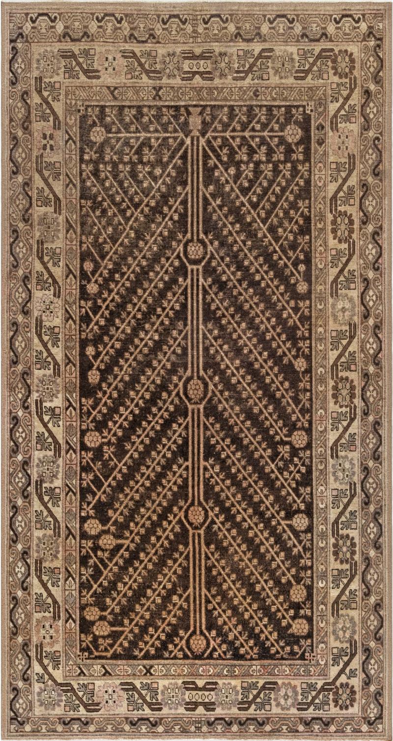 Mid 20th Century Samarkand Brown Beige Pink Handmade Wool Rug
