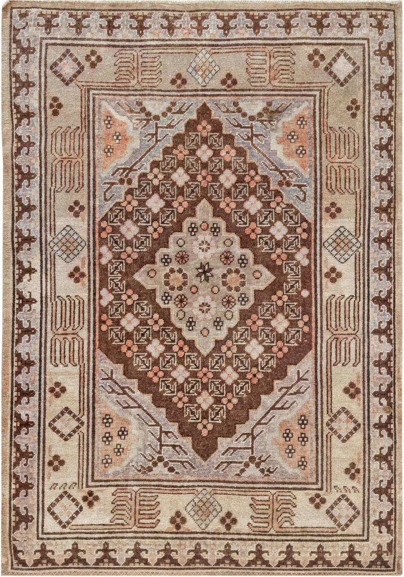 Mid 20th Century Samarkand Gray Beige Purple Pink Handmade Wool Rug