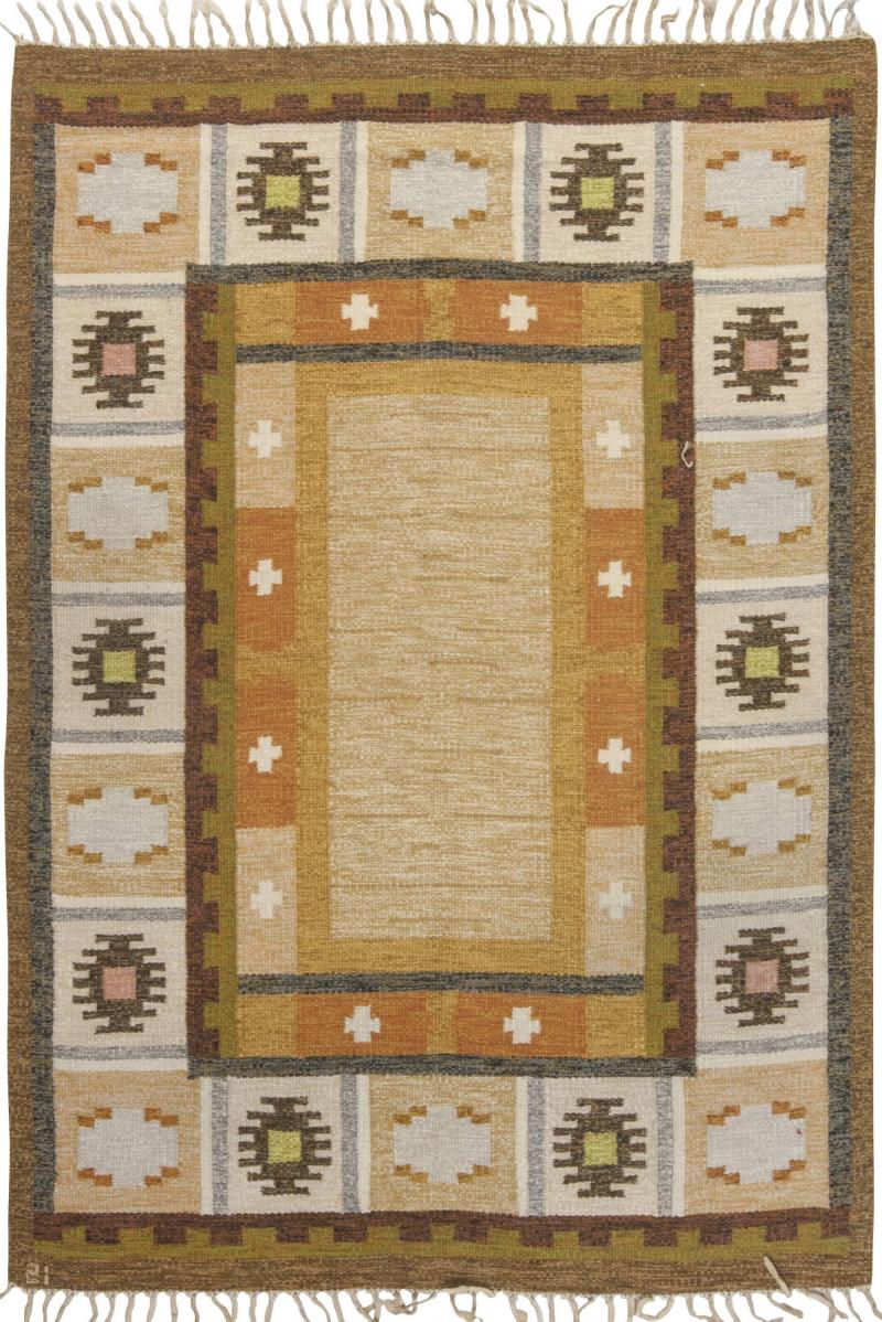 Mid 20th Century Swedish Brown Yellow Flat Weave Rug Signed by Ingegerd Silow