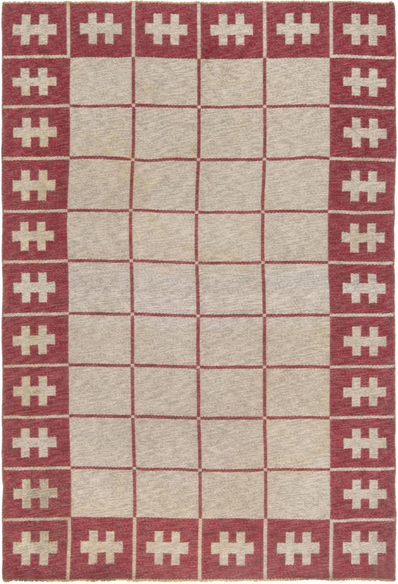 Mid 20th Century Swedish Carmine Red Ivory Flat Weave Wool Rug