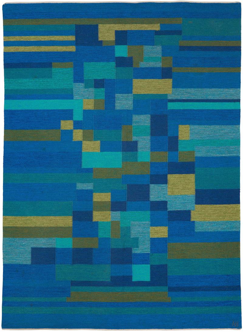 Mid 20th Century Swedish Geometric Green Blue Flat Weave Wool Rug Signed AB