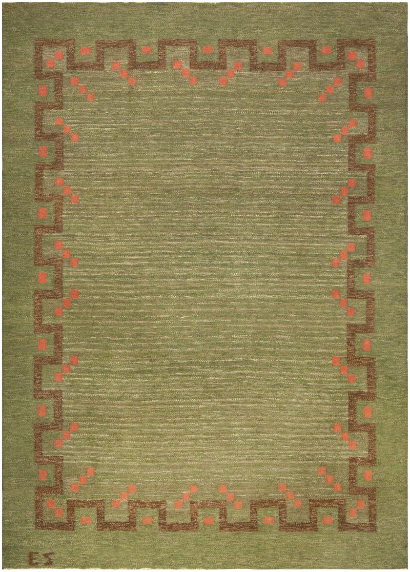 Mid 20th Century Swedish Green Coral Red Handmade Wool Rug by Ellen Stahlbrand