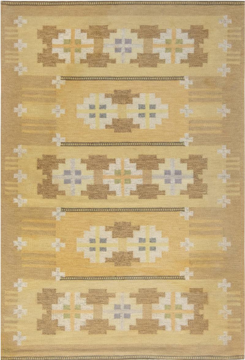 Mid 20th Century Yellow Swedish Flat Weave Wool Rug Signed by Ingegerd Silow