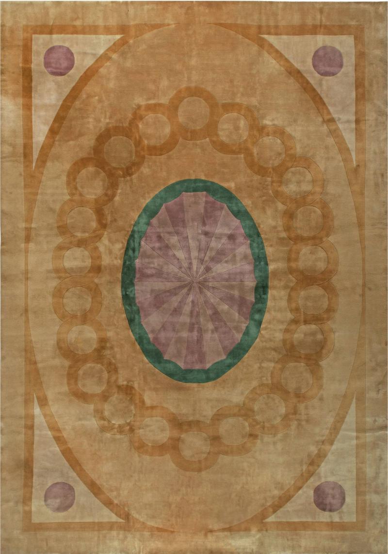 Mid 20th Century with Oval Medallion Chinese Yellow Purple Green Handmade Rug