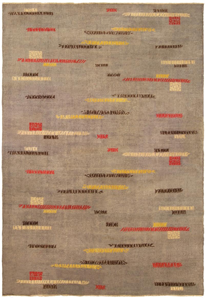 Mid 20th century Art Deco Gray Red Yellow Brown Handmade Wool Rug
