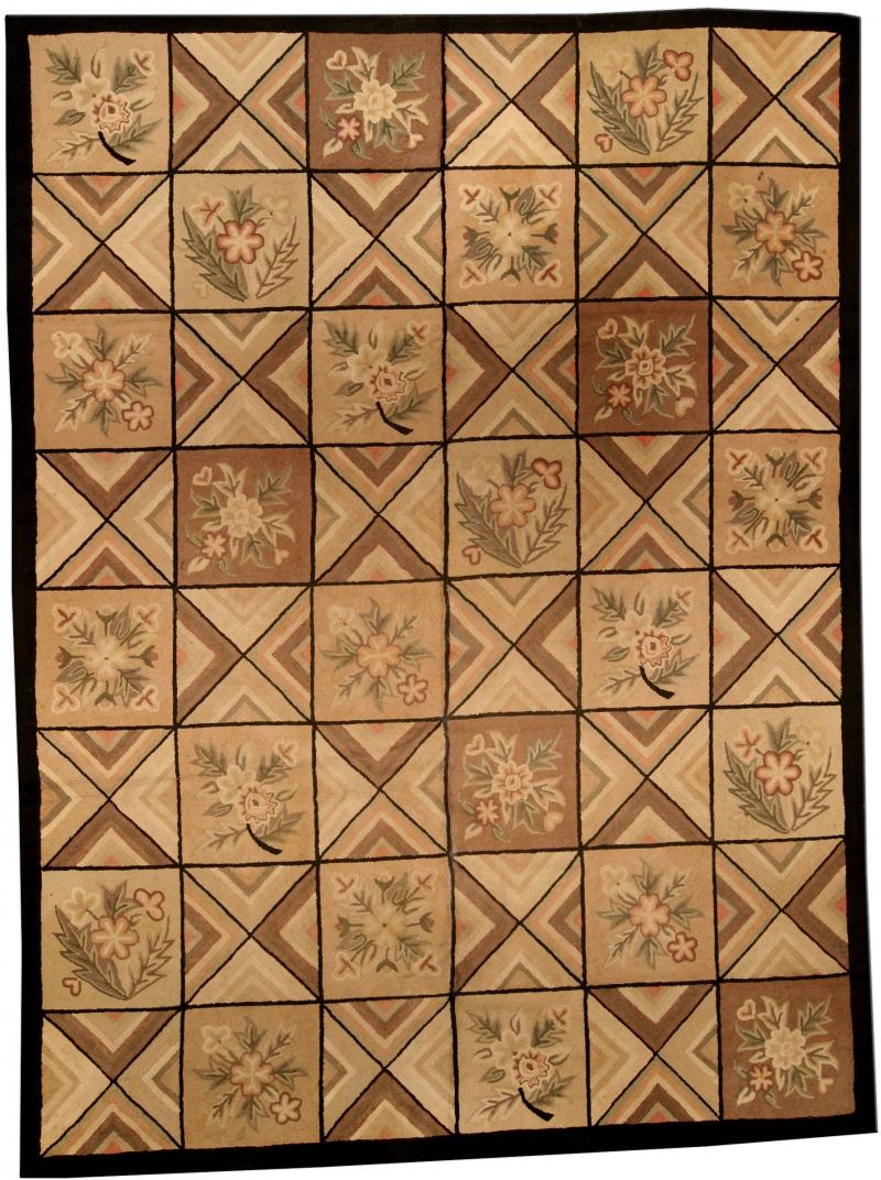 Mid 20th century Beige Brown Black Wool Handmade Hooked Rug
