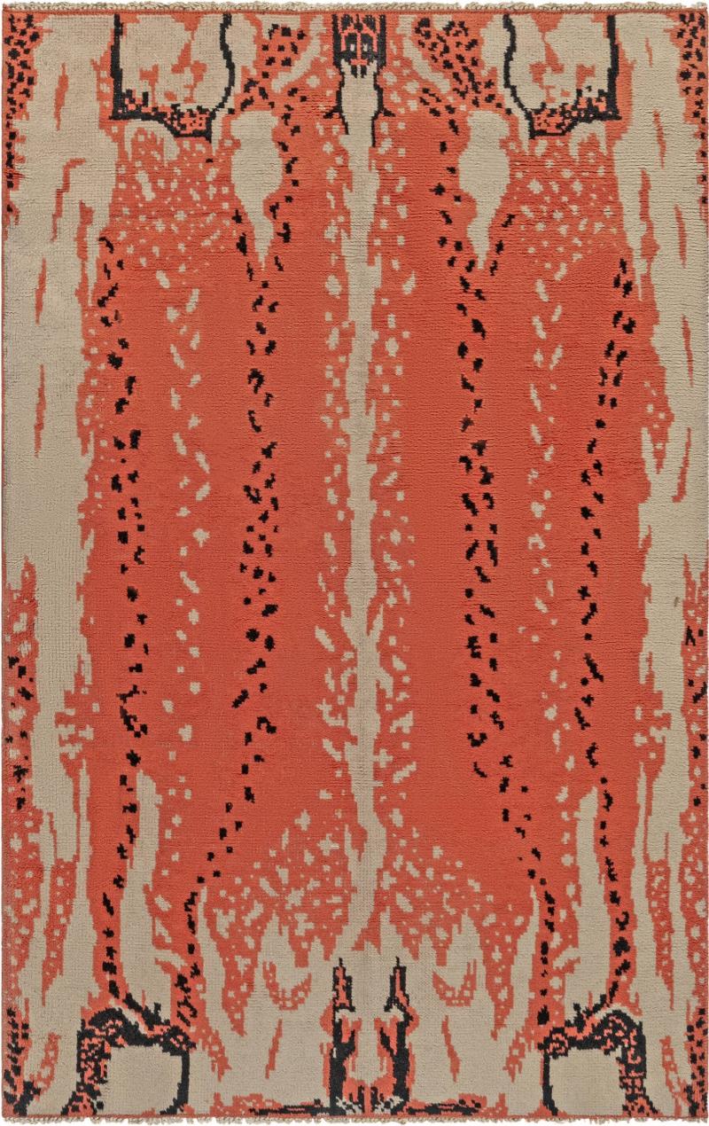 Mid 20th century French Art Deco Design Beige Black Orange Handmade Wool Rug
