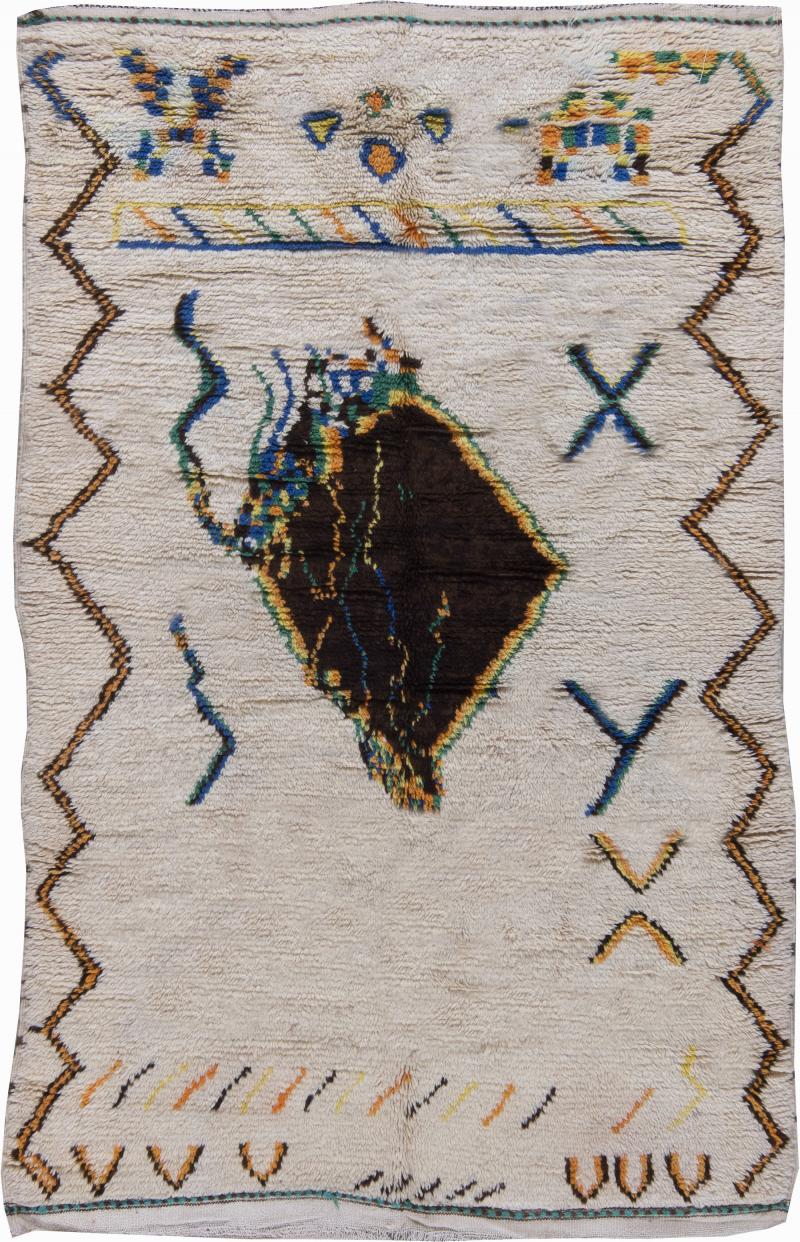Mid 20th century Off White Background Tribal Geometric Moroccan Motifs Wool Rug